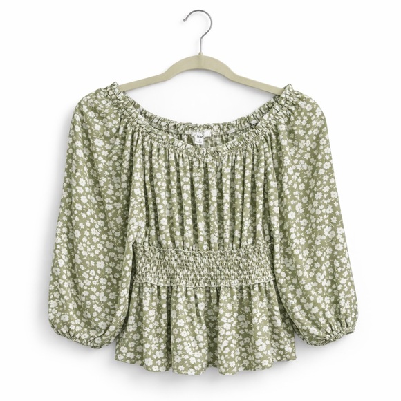 mine Tops - 👚Mine Sage Green Floral Peasant Blouse | Smocked Waist | Boho Cottagecore Top